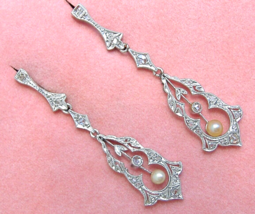 Antique Edwardian .22ctw Rose Diamond Pearl Dangle 2&quot; Cocktail Earrings 1910 - £1,567.78 GBP