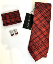 Barry Wang Men&#39;s Silk Tie, Pocket Square &amp; Cuff Links Red/Black NWT - £19.27 GBP
