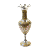 Tall Vase Solid Brass Silver Tone Etched Design Ruffled Made in India 11... - $29.67