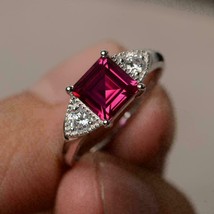 2.20Ct Princess Cut Red Ruby Three Stone Engagement Ring 14K White Gold Finish - £95.91 GBP