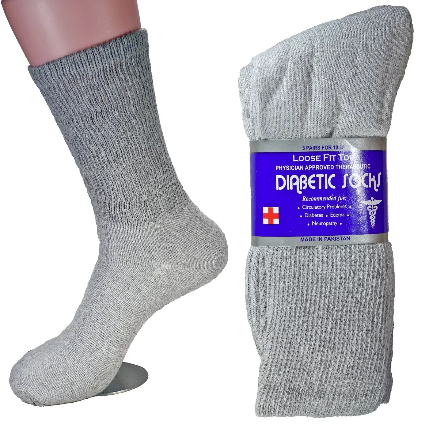 3 Pairs Gray Mens Circulatory Diabetic Crew Calf Socks Cotton Size 9-11 - $19.00