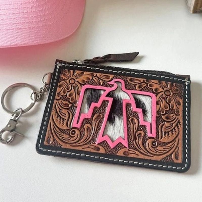Pink Thunderbird Western Cowhide Tooled Leather Keychain Wallet - $23.76
