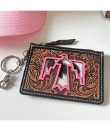 Pink Thunderbird Western Cowhide Tooled Leather Keychain Wallet - $441.93 MXN