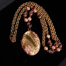 Victorian Style locket - Enamel and pink rhinestones - pearl chain - gold keepsa - £98.36 GBP