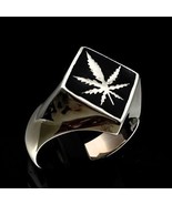 Sterling silver ring Marijuana leaf Ganja symbol Weed plant on Black ena... - $88.51 CAD