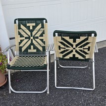 Two Matching Folding Macrame Lawn Chairs Green and White Double Shotgun Armrest - £69.09 GBP