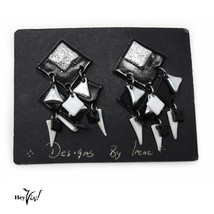 Vintage 1980s Silver Black Dangle Earrings on Card New/Old Store Stock -... - £11.06 GBP