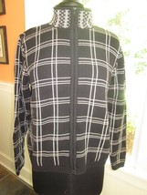 Black Zip Cardigan Sweater With White Lines Mock Turtleneck Gently Used - £10.20 GBP