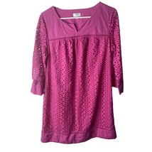 Crown &amp; Ivy Eyelet Dress Women Size 12p V Neck Long Sleeve Lined Pink Ba... - $16.20