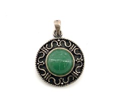 Vintage Sterling Silver Round Carved Swirl Beads Green Jade Pendant 1&quot; - $44.55