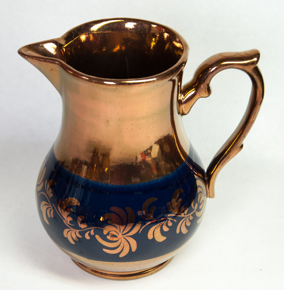 Copper Lusterware 24 oz Milk Pitcher 6.5" Tall Blue Band Made in England Jug Item image 2
