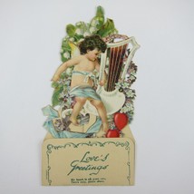 Vintage Valentine 3D Pop Up Die Cut Angel Boy Cupid Harp Blue Flowers Red Hearts - £11.98 GBP