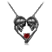 Skull Necklace  Heart Shape For Women With Two Black Skulls Engagement Pendent  - £150.12 GBP