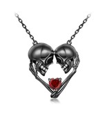 Skull Necklace  Heart Shape For Women With Two Black Skulls Engagement P... - £151.42 GBP