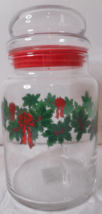 Libbey Holiday Glass Storage Jar Tight Fitting Lid Greenery Ribbon Swag ... - $18.32