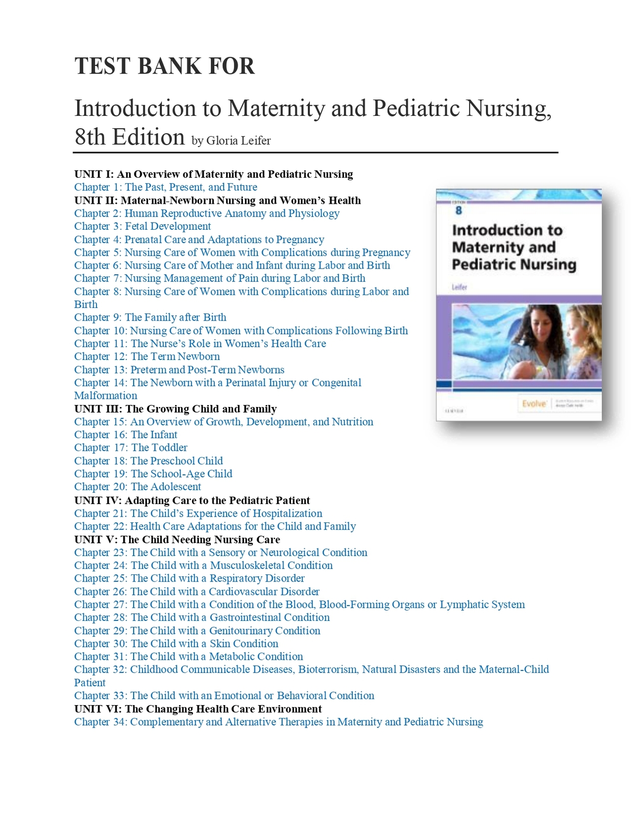 TEST BANK FOR INTRODUCTION TO MATERNITY AND PEDIATRIC NURSING, 8TH EDITI... - $17.99