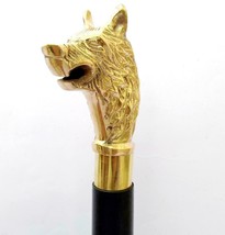 Antique Designer Shinny Brass Wolf Head Handle Black Wooden Walking Stick Gift - £26.90 GBP
