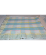 Vtg Acrylic Pastel Plaid Baby Blanket Nylon Satin Trim Pink Blue Yellow ... - £43.02 GBP