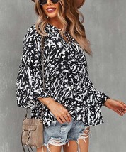 $37 Supreme Fashion Abstract Tie-Neck Bell-Sleeve Ruffle-Hem Top Size Large NWOT - £6.69 GBP