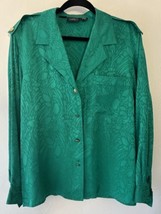 Vintage Oleg Cassini Silk Button Up Blouse Green Gold Buttons Size 10 - £38.92 GBP