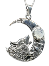 Howling Wolf Necklace &amp; Moonstone Crescent Moon 18&quot; Curb Chain 925 Silver &amp; Box - £34.09 GBP