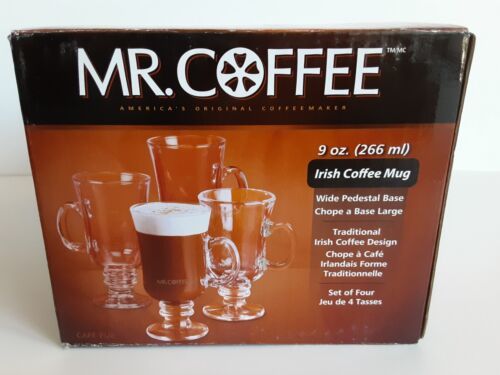 Mr Coffee Glass Irish Mugs Set of 4 New in Box Pedestal Base - $17.15