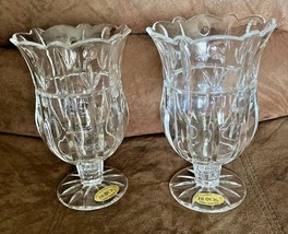 2 Tulip Garden Pedestal Hurricane Vases, Clear Cut Block 24% Lead Crysta... - $32.73