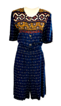 80s Romper Size Medium Boho Aztec Blue Gold Shoulder Pads Michele Leslie Vintage - £13.78 GBP