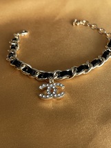 Chanel Bracelet with Black Leather and Gold Chain CC Crystal Charm - £285.93 GBP