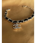 Chanel Bracelet with Black Leather and Gold Chain CC Crystal Charm - $295.00