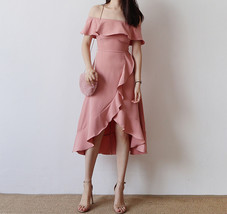 Blush Pink Off Shoulder Slit Midi Dress Women Plus Size Graduation Midi Dress image 1