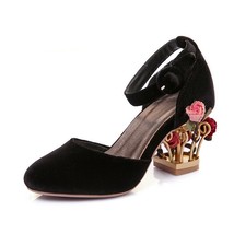 Retro women&#39;s Pumps velvet mary jane ankle strap buckle wedding shoes woman bird - £78.80 GBP