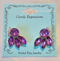 Gentle Expressions Stud Back Earrings Purple Gemstones W Clear Rhinestones - £12.56 GBP