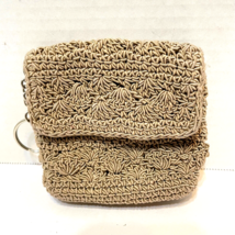 Vintage Crocheted Woven Mini Coin Puse Keychain 4.25 x 4&quot; Tan - £6.64 GBP