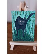 ACEO Original Black Cat In Forest Painting Signed Collectible Mini Art ATC - $13.47