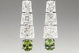 14k White Gold Dangle Earrings with Round Cut Diamonds &amp; Oval Green Peridot Gift - £1,661.56 GBP