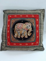 Vintage handmade elephant gold thread embroidered throw pillow sequin zipper - £39.44 GBP