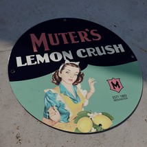 Vintage 1883 Mutter&#39;s Lemon Crush Soft Drink Soda Porcelain Gas &amp; Oil Pump Sign - £98.77 GBP