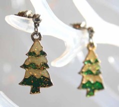 Festive Glitter Enamel Christmas Tree Pierced Earrings 1980s vintage 1 1/4&quot; - £10.18 GBP