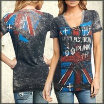 Affliction AC London Fog AW7941 Flag Skull Punk Womens VNeck T-Shirt Bla... - $49.29