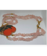 Vintage Rose Quartz Chip Necklace with Hand-Painted Ceramic Orange Penda... - $177.97 MXN
