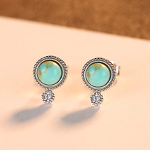 925 Silver Exquisite Small Ear Studs Inlaid Turquoise Earrings Simple Korean Ear - £13.31 GBP