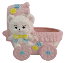 Vtg Caffco Baby Buggy Teddy Bear Ceramic Planter Pink Kitschy Nursery Japan - £15.25 GBP
