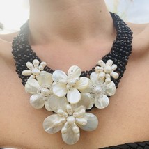 Mother of Pearl Shells 20&quot; Cascading in Black Onyx Beads Handmade Choker Bib Nec - £88.83 GBP