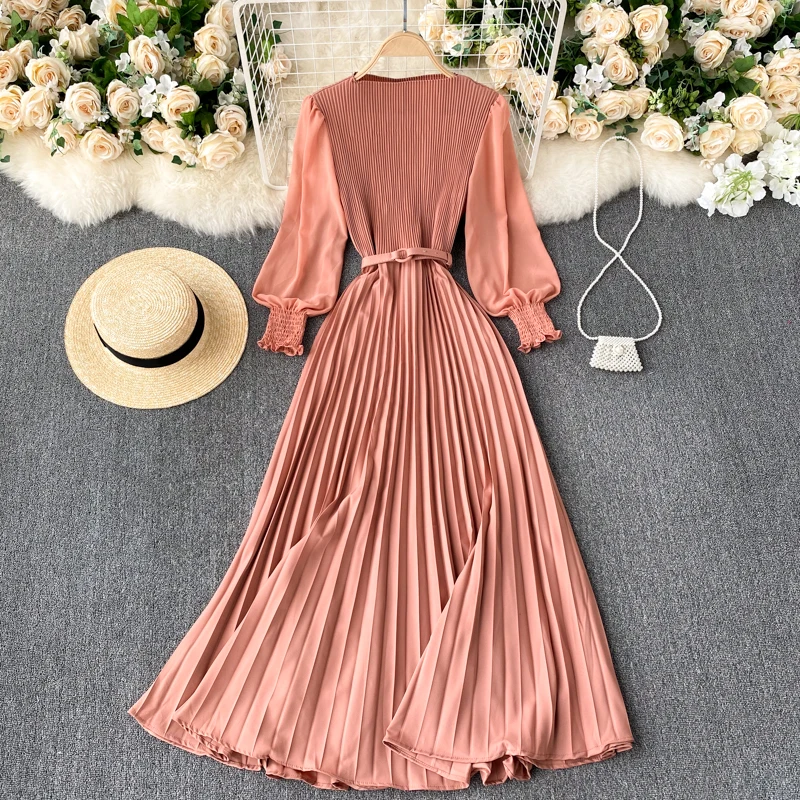 Autumn Fashion Streetwear Long Dress Design French Pleated Maxi Dress Women Eleg - $90.10