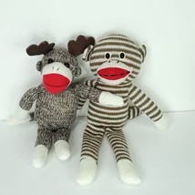 Lot of 2 Sock Monkey Galerie Reindeer Xmas Plush Brown Striped Stuffed Animal - £17.89 GBP