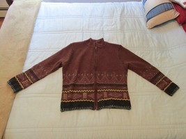 ORVIS Unique Zippered Southwest Indian Sweater Jacket Lambswool Med Brown Beads - £23.94 GBP