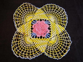 VINTAGE DOILY MEDIUM HAND CROCHETED YELLOW DOILY WITH PINK CENTER ROSE 9... - $5.93