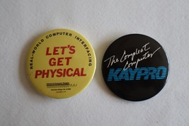 Vtg Lot 2x Button Badge PinbackThe Compleat Computer Kaypro Let&#39;s Get Physical - £7.51 GBP