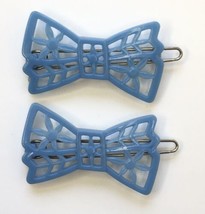 Vintage Hair Barrettes 2pc Bright Blue Bow Shape Plastic Made in USA - £11.80 GBP